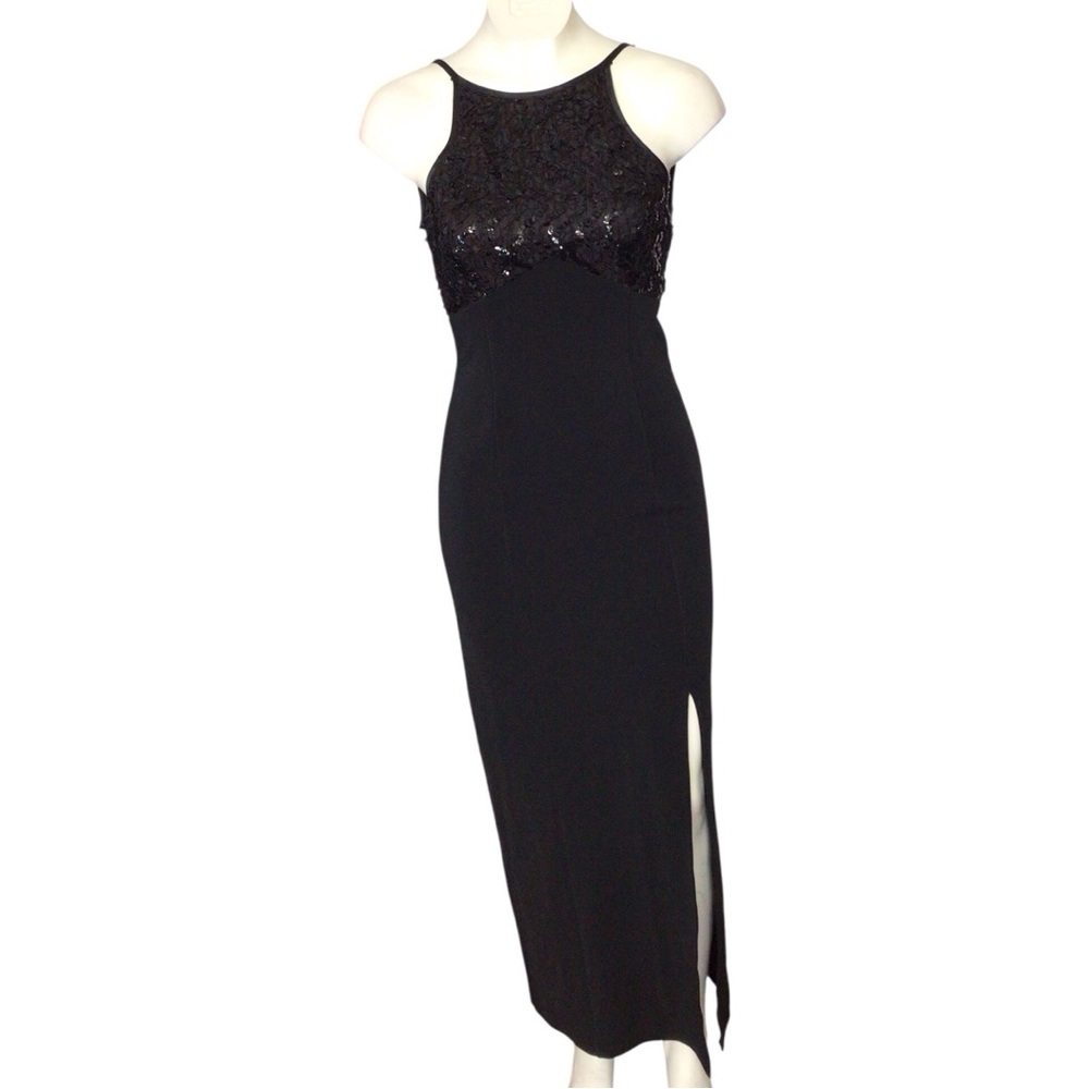 Betsy & Adam Black Sequin Vintage Y2K Midi Dress EUC size 3/4